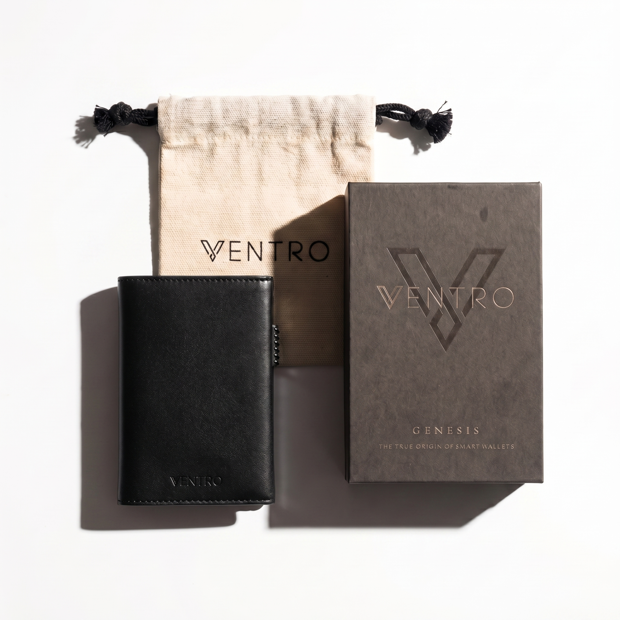 Black leather wallet and box with 'Ventro' branding on a white background