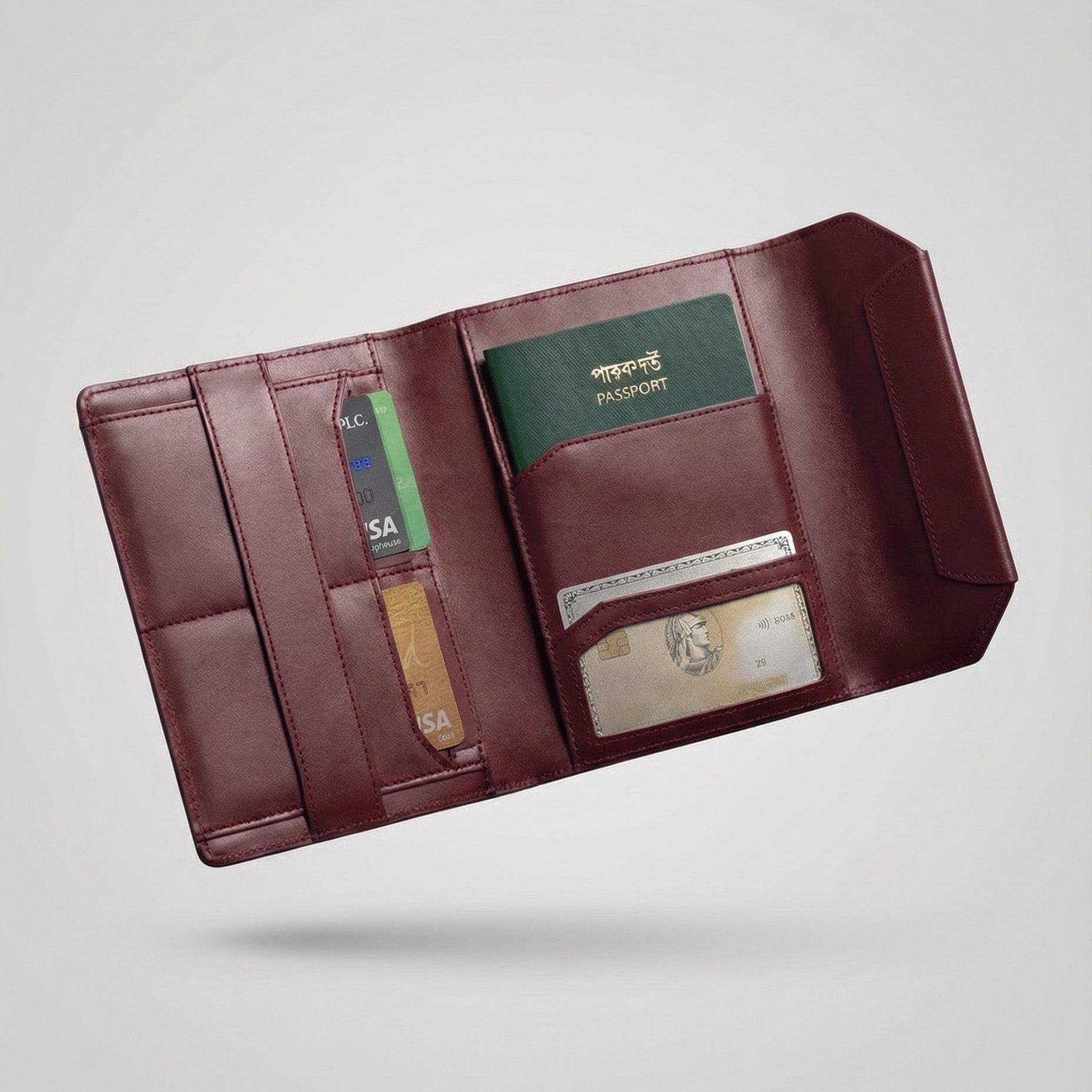 Brown leather wallet with various cards and a passport on a light gray background