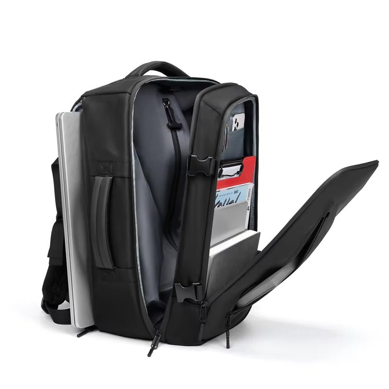 Black backpack with compartments on a white background, featuring the brand Ventro