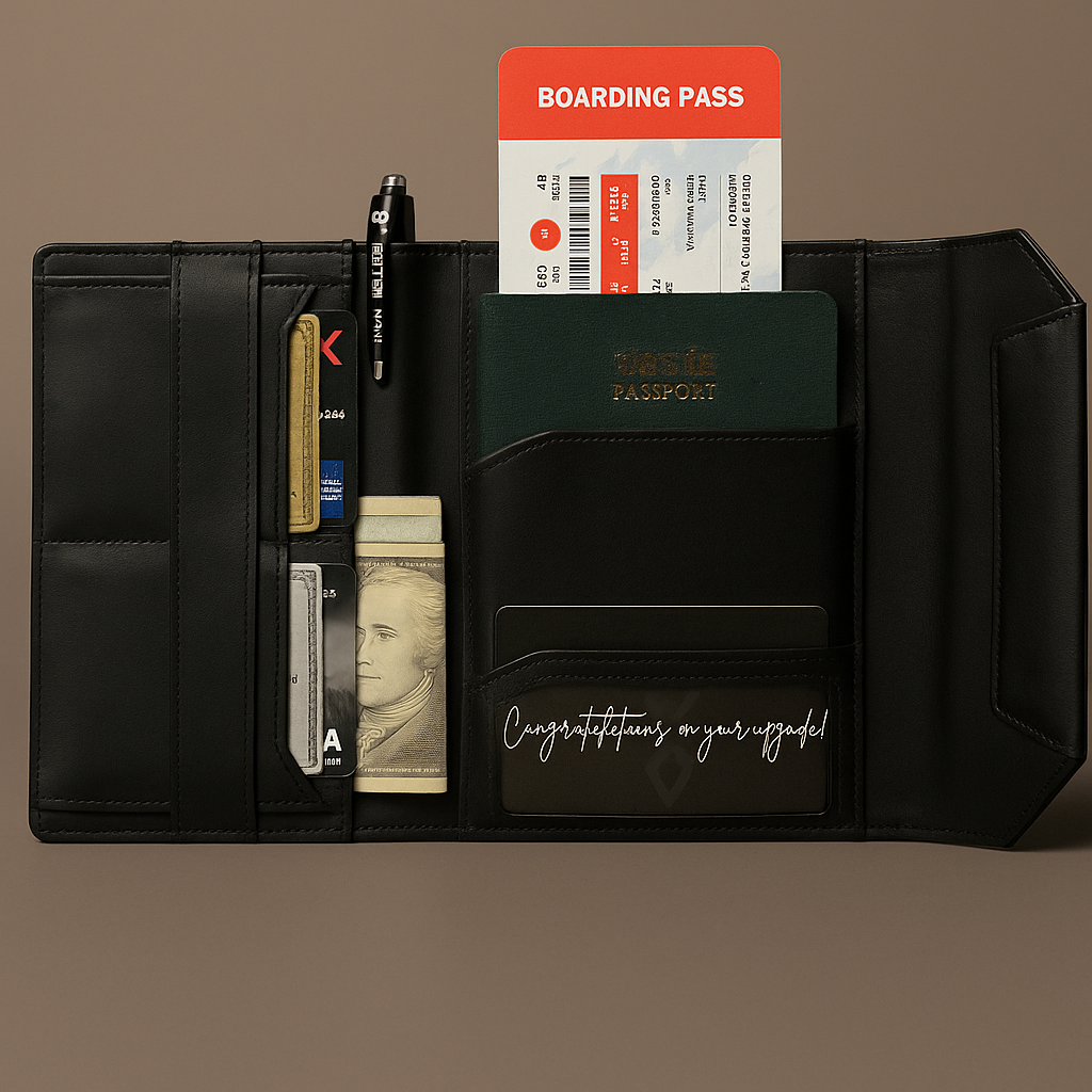 Black travel organizer with compartments for cards, money, and a boarding pass on a brown background.