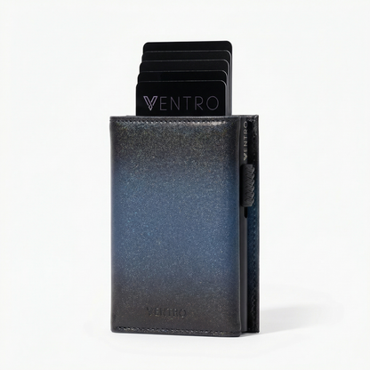 Black cardholder with cards on a white background, featuring the brand 'Ventro'. Artisanblue ventro nfc wallet