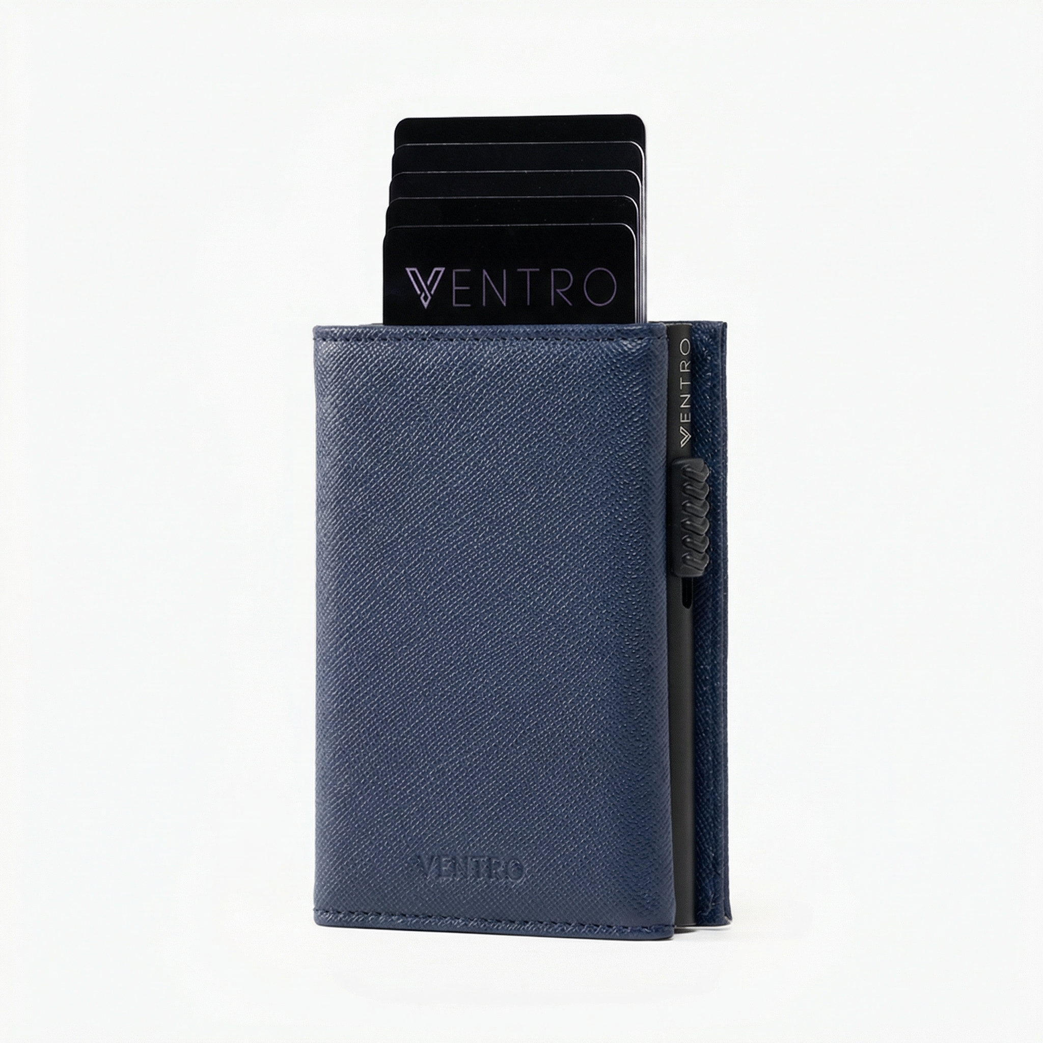Blue cardholder with cards on a white background