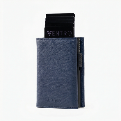 Blue cardholder with cards on a white background