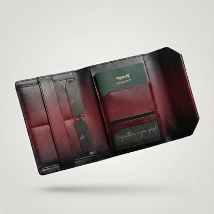 Open leather wallet with visible brand name on a light gray background