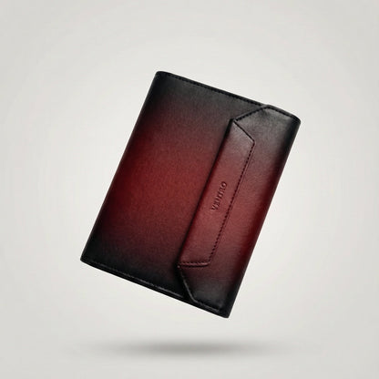 Brown leather wallet on a light gray background