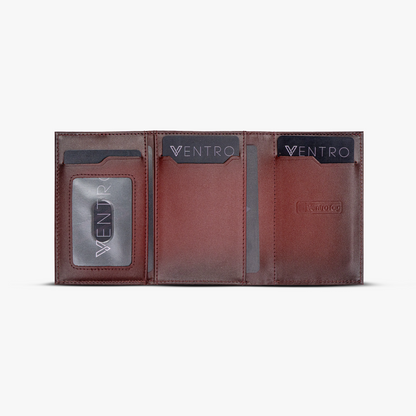 Brown leather wallet with 'Ventro' branding on a white background. Red_mirage_ventro_nfc_wallet open