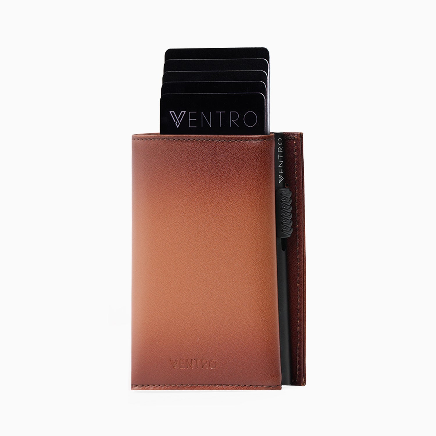 Brown cardholder with Ventro branding on a white background. Smoaked oak ventro nfc wallet