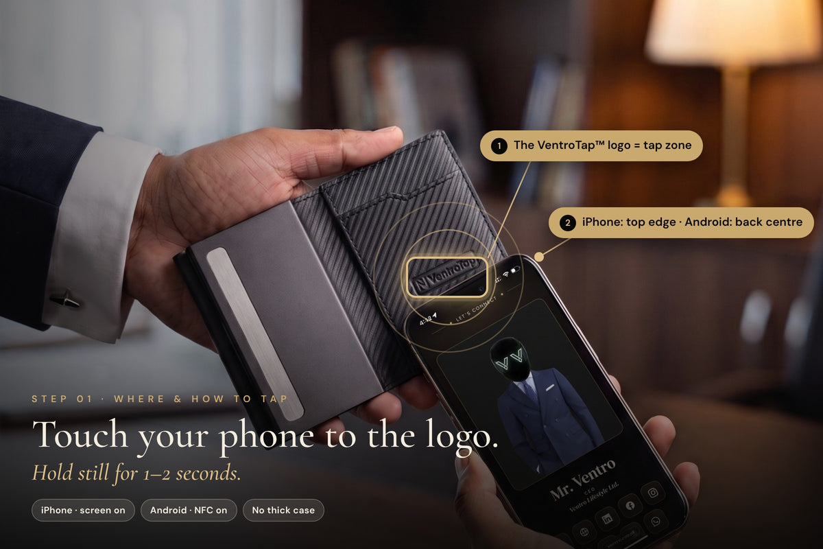 Where to tap: touch the phone to the VentroTap logo on the wallet