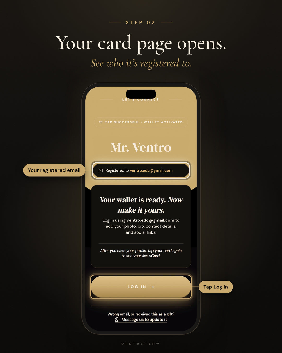 Your card page opens