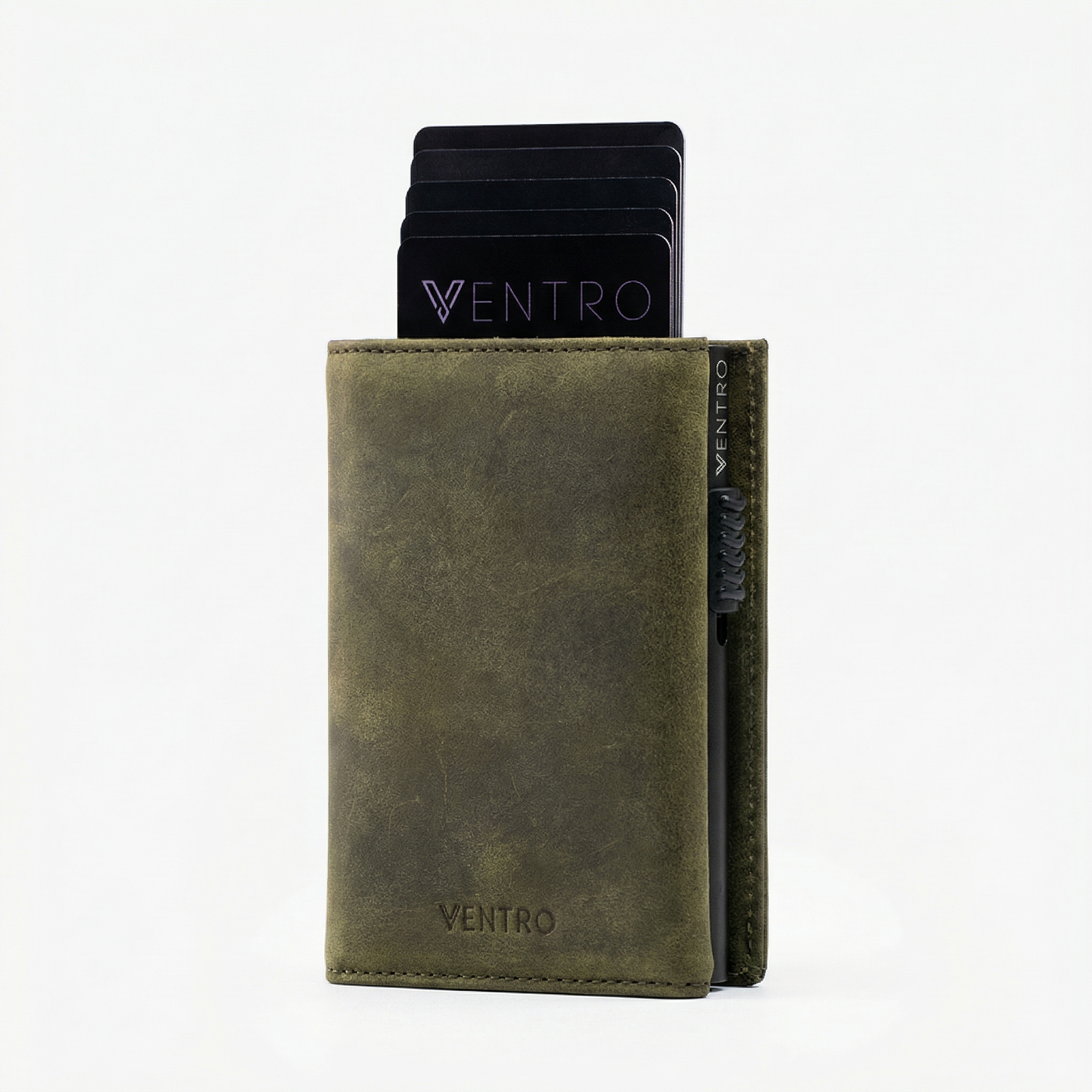 Green cardholder with 'Ventro' branding on a white background
