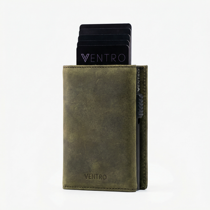 Green cardholder with 'Ventro' branding on a white background
