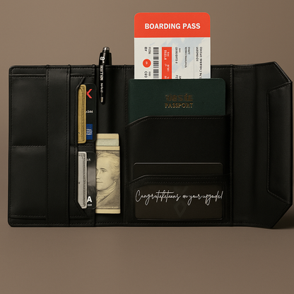 Black travel organizer with compartments for cards, money, and a boarding pass on a brown background.
